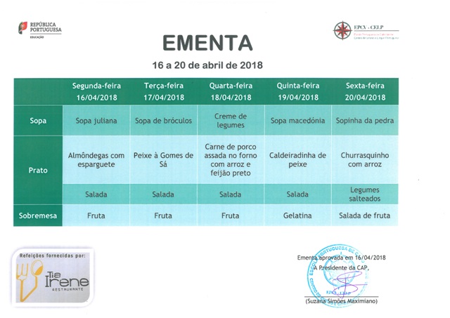 EMENTA DE 16 DE ABRIL A 20 DE ABRIL